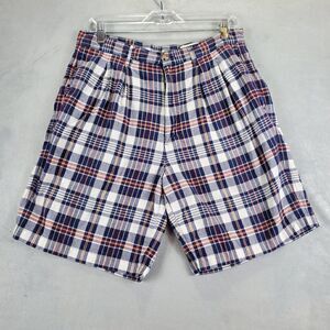 Eddie Bauer Shorts Mens 35 Blue Plaid Chino Flat front Bermuda Outdoor Casual